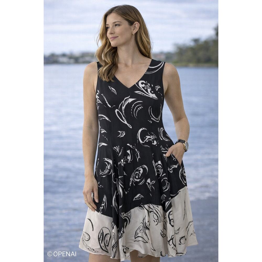 Classiques Entier Silk Sleeveless Dress Black White Print Size 6 A-Line